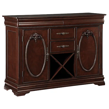 Traditional Style Dining Server with Decorative Beaded Trim and Wine Rack